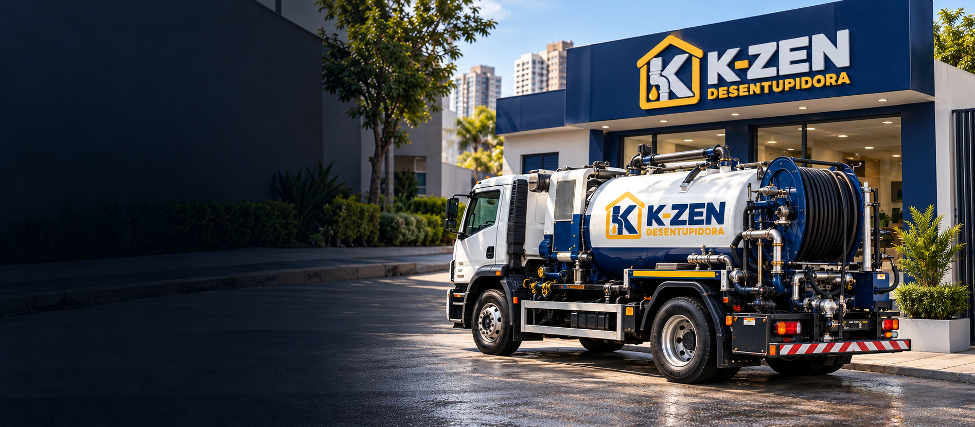 Caminhão de desentupimento K-ZEN estacionado ao lado da loja da empresa